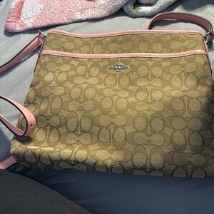 Coach Beige Signature Crossbody with Pink Trim
